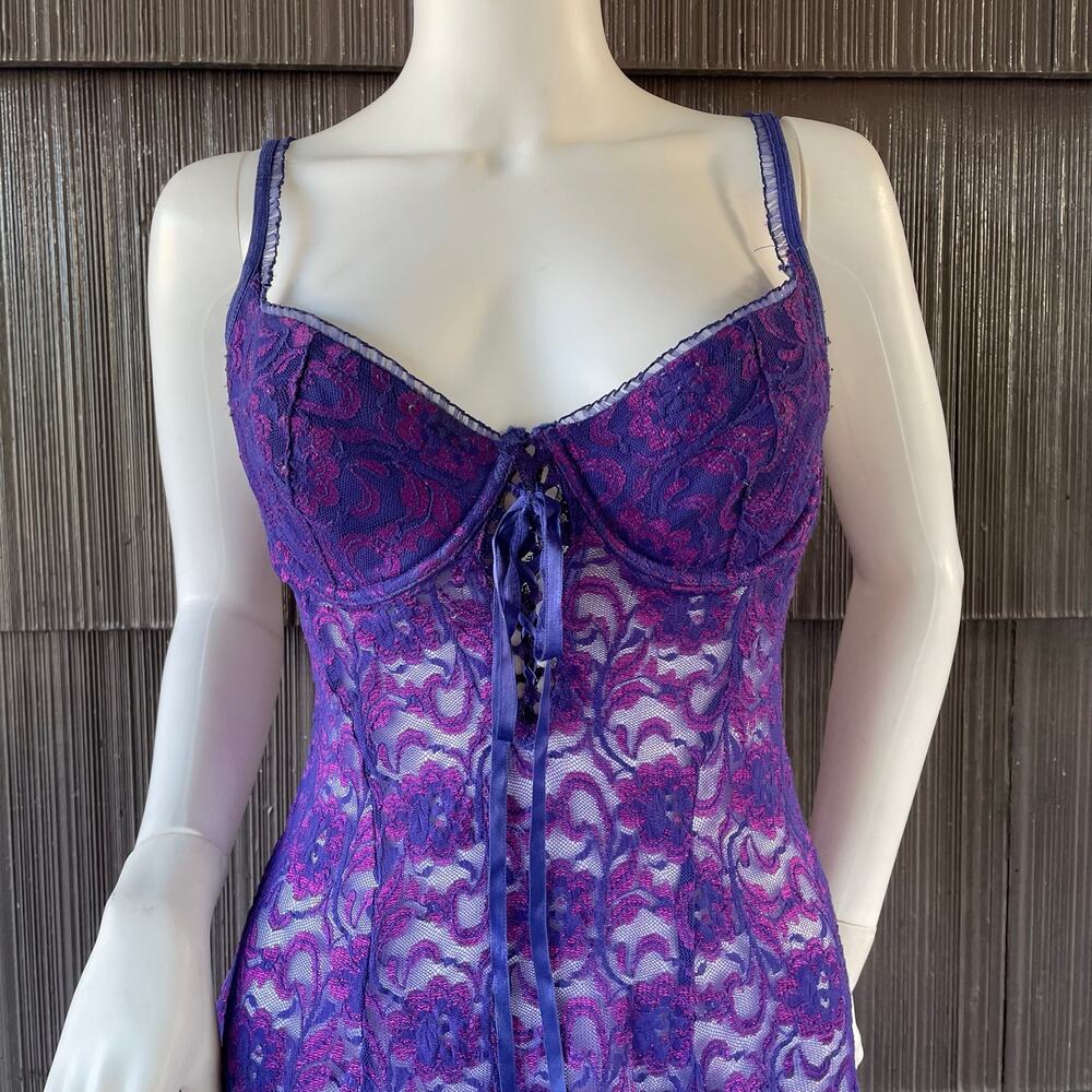 🔥Vintage Y2K Frederic Of Hollywood Purple Lace Babydoll Lace Up Coquette Dainty - Picture 4 of 16